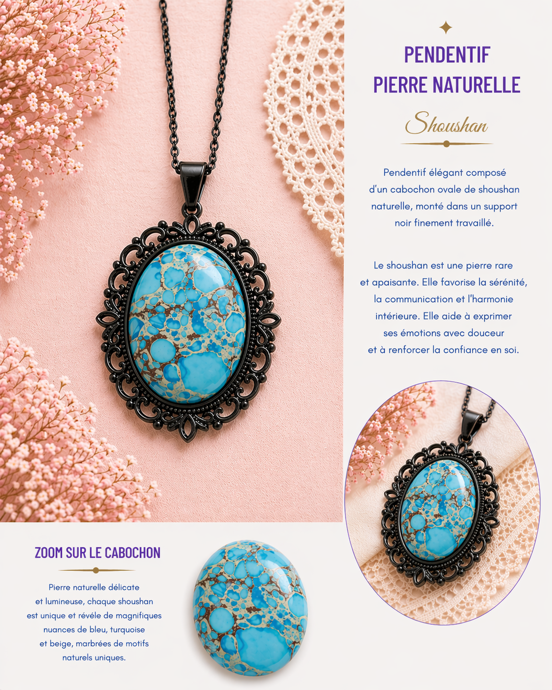 Collier pendentif Shoushan pierre naturelle